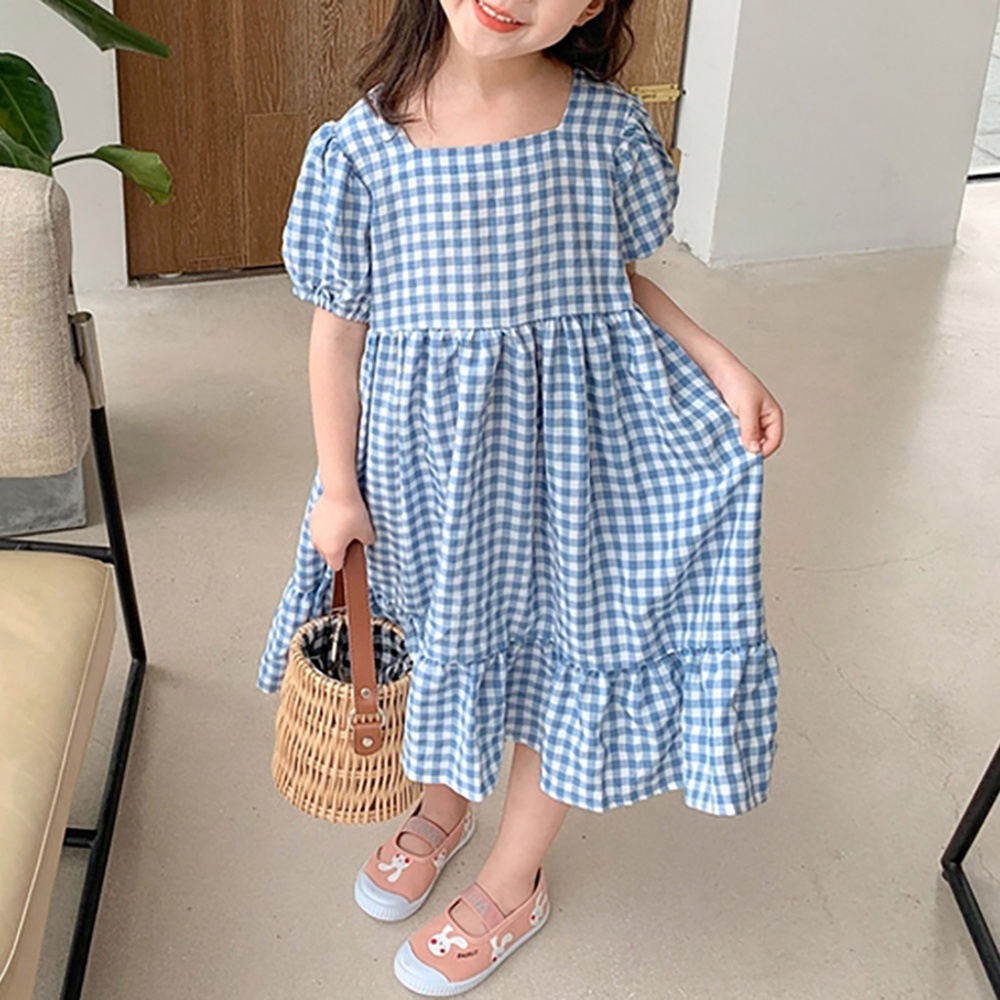 Little Girls Puffed Sleeve Check Summer Dress Blue
